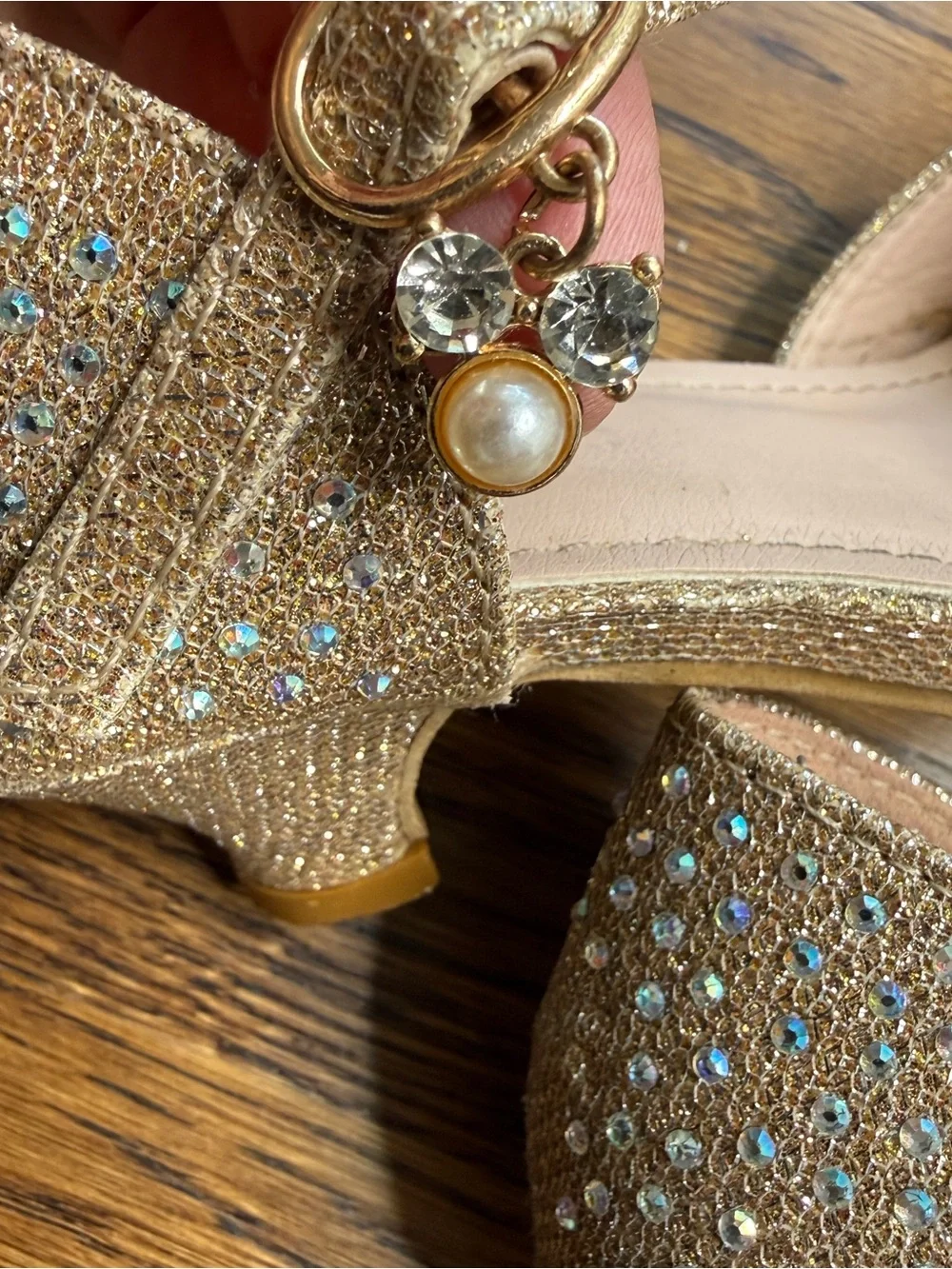 Link Girls Gold Rhinestone Glittering Party Dress Crystal Ankle-Strap Heels 12